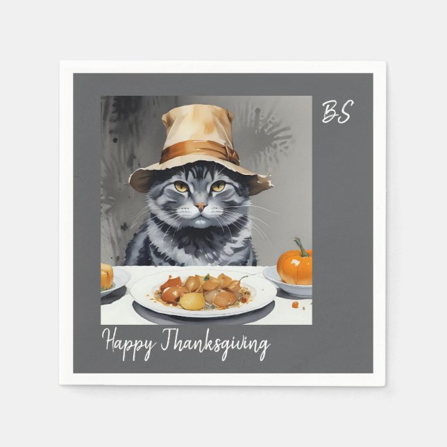 Charming festive Thanksgiving Cat in Disguise Napkins (Front)