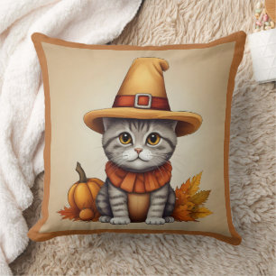 Charming festive Thanksgiving Cat in Disguise Throw Pillow
