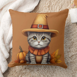 Charming festive Thanksgiving Cat in Disguise Throw Pillow