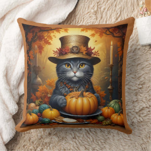 Charming festive Thanksgiving Cat in Disguise Throw Pillow