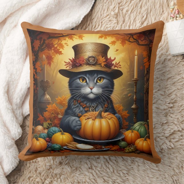 Charming festive Thanksgiving Cat in Disguise Throw Pillow (Blanket)