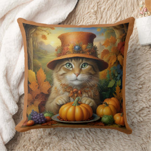 Charming festive Thanksgiving Cat in Disguise Throw Pillow