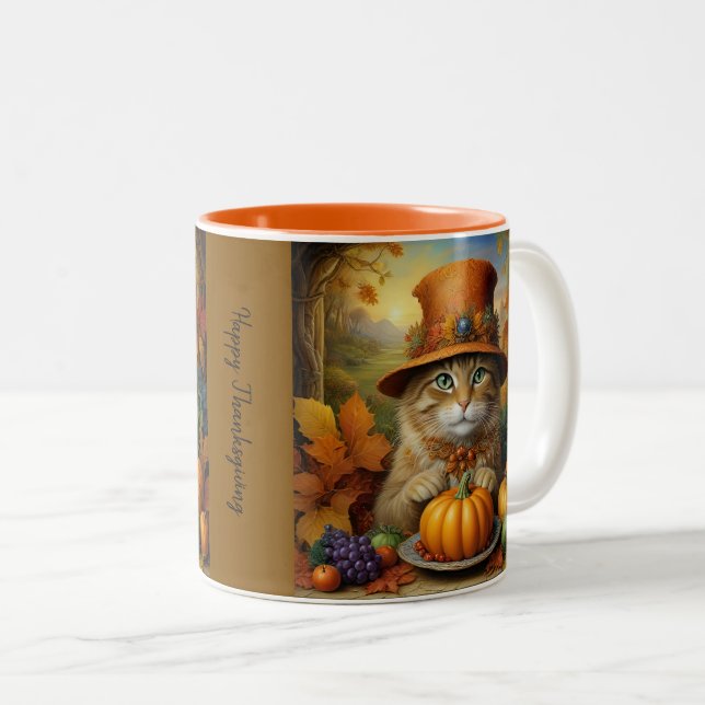 Charming festive Thanksgiving Cat in Disguise Two-Tone Coffee Mug (Front Right)