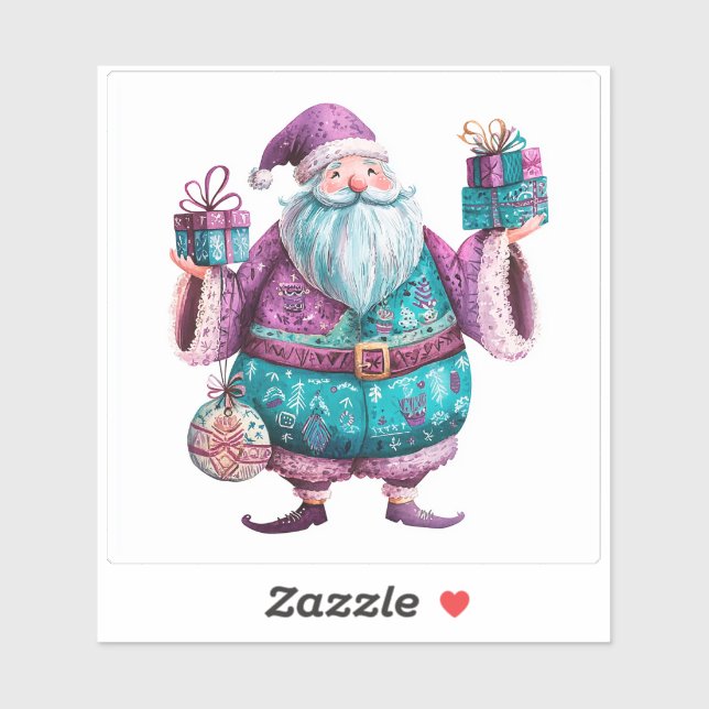 Charming Festive Violet Santa With Christmas Gifts Sticker (Sheet)