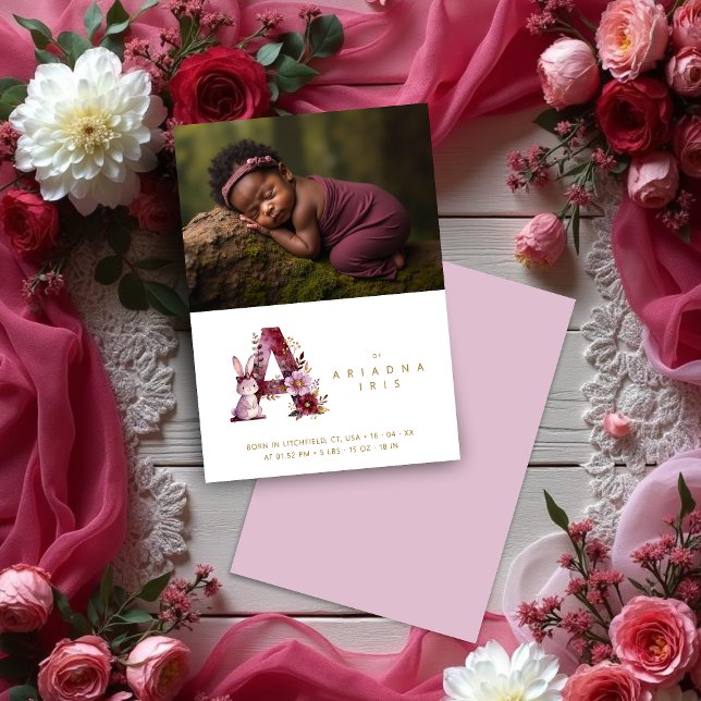 Charming Floral A Burgundy & Glitter Newborn Announcement (Charming Romantic Floral A Initial in Burgundy & Gold Glitter Effect for Newborn Photo Announcement.)