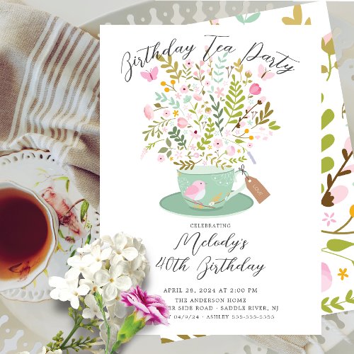 Charming Floral Birthday Tea Party Invitation