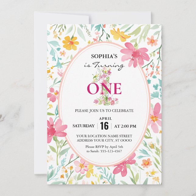 Charming Floral First Birthday Invitation (Front)