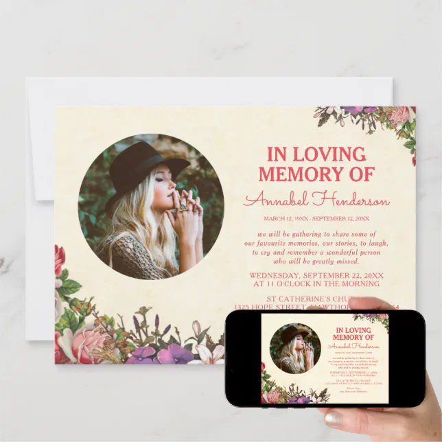 Charming floral In Loving Memory Photo Funeral Invitation | Zazzle