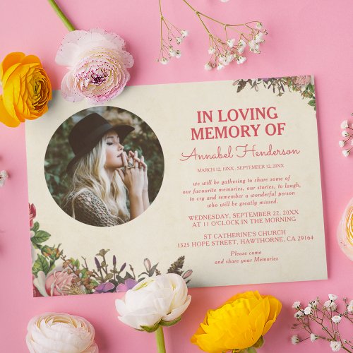 Charming floral In Loving Memory Photo Funeral Invitation