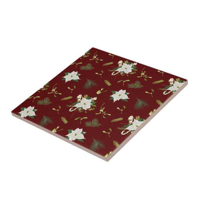 Charming Floral Pattern on Maroon Ceramic Tile (Side)