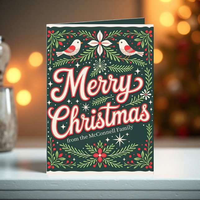 Charming Folk Art Birds and Holly Berry Christmas Holiday Card (Creator Uploaded)