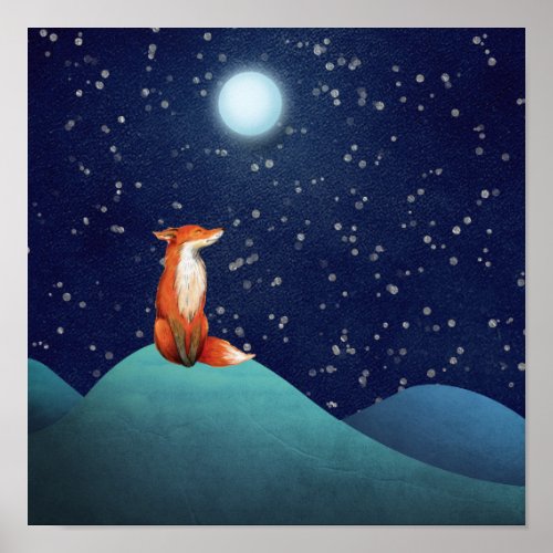 Charming Fox Sitting Under a Full Moon Poster