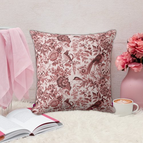 Charming French Toile de Jouy Red Birds  Flowers Throw Pillow