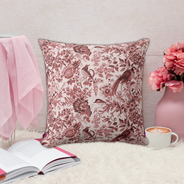 Charming French Toile de Jouy Red Birds & Flowers Throw Pillow (Creator Uploaded)