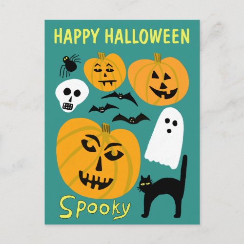 Charming Funny Pumpkins Ghost Bat HAPPY HALLOWEEN Postcard