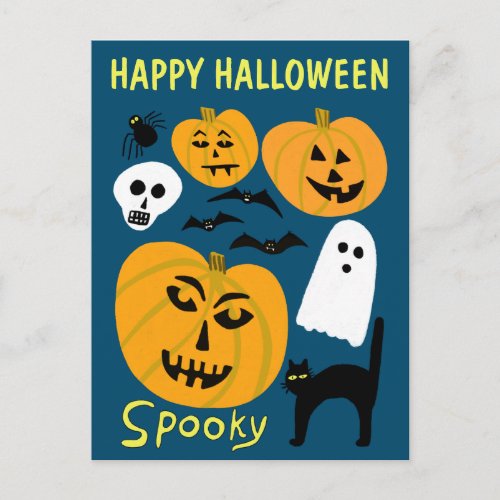 Charming Funny Pumpkins Ghost Bat HAPPY HALLOWEEN Postcard