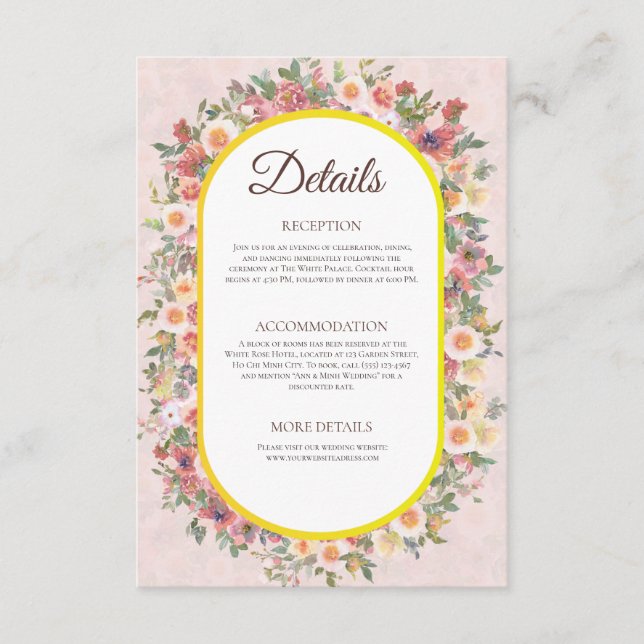 Charming Garden Floral Wedding Details Card (Front)