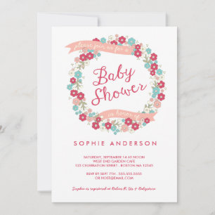 Charming Garden Floral Wreath Girl Baby Shower Invitation