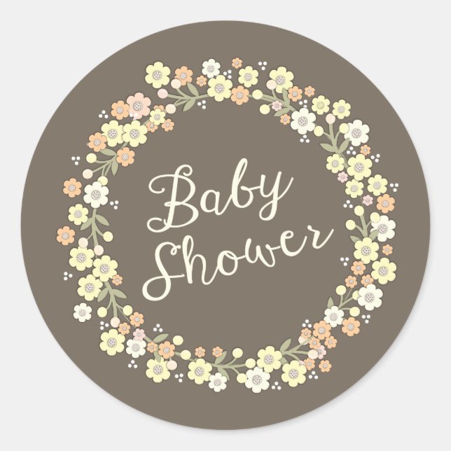 Charming Garden Floral Wreath Neutral Baby Shower Classic Round Sticker (Front)