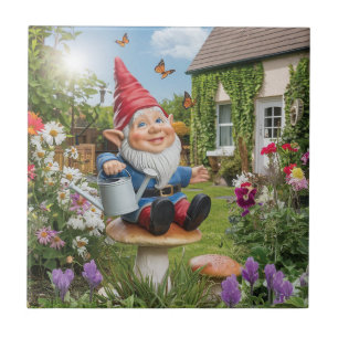 Charming Garden Gnome with Watering Can Ceramic Tile