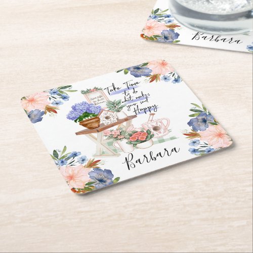 Charming Gardener Floral First Name Square Paper Coaster