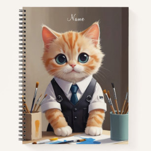 Charming Ginger Cat Artist with Paintbrushes Cute Notebook