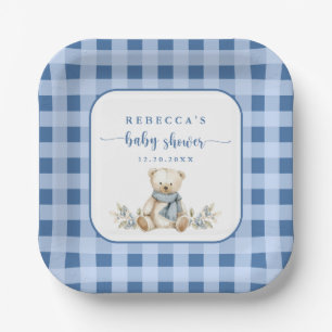Charming Gingham Plaid Teddy Bear Baby Shower Paper Plates