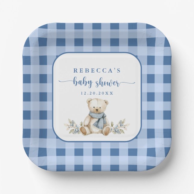 Charming Gingham Plaid Teddy Bear Baby Shower Paper Plates (Front)