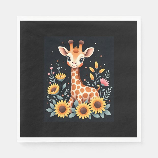 Charming Giraffe Surrounded By Flowers Long Sleeve Napkins (Front)