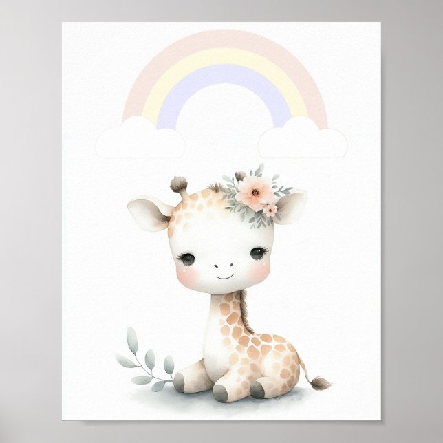 Charming Giraffe With Pastel Rainbow Poster (Front)