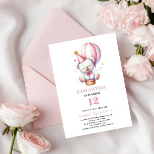 Charming Girl Birthday Teddy Bear Pink Balloons Invitation