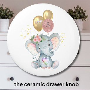 Charming Girl Elephant Pink Balloons Heart Ceramic Knob