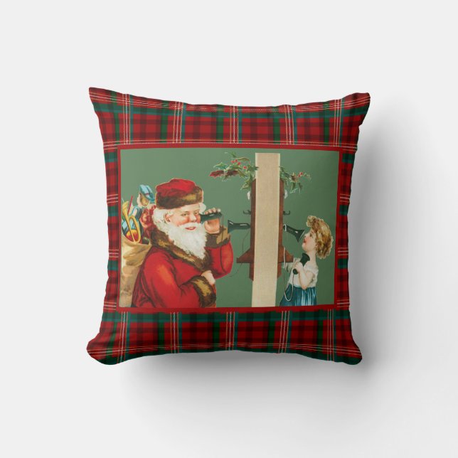 Charming Girl on Telephone with Santa on Plaid Throw Pillow (Front)
