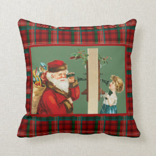 Charming Girl on Telephone with Santa on Plaid Throw Pillow