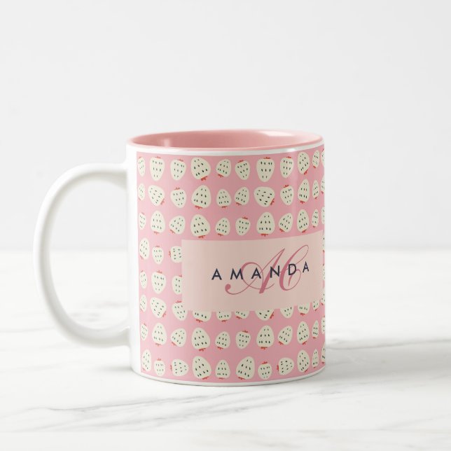Charming Girly Strawberry Pattern Monogram Gifts Two-Tone Coffee Mug (Left)