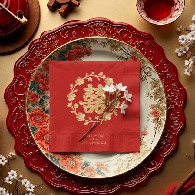 Charming Glitter Floral Chinese Double Happiness Napkins (Charming Glitter Effect Floral Chinese Double Happiness Symbol Elegant Paper Napkin Design. )