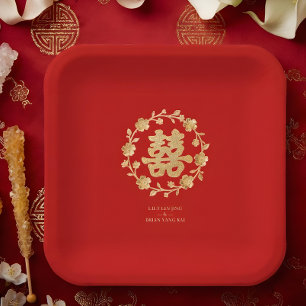 Charming Glitter Floral Chinese Double Happiness Paper Plates