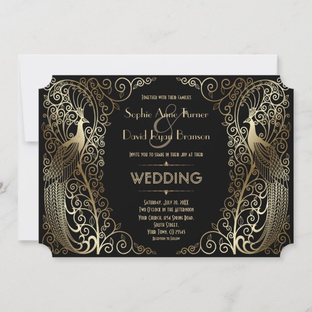 Charming Gold Art Deco Peacocks Wedding Invitation (Front)