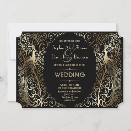 Charming Gold Art Deco Peacocks Wedding Invitation