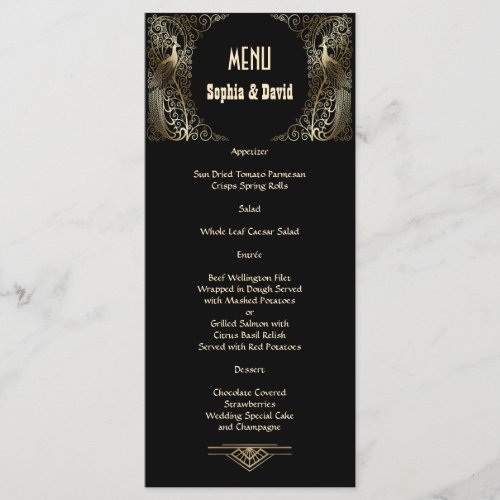 Charming Gold Art Deco Peacocks Wedding Menu