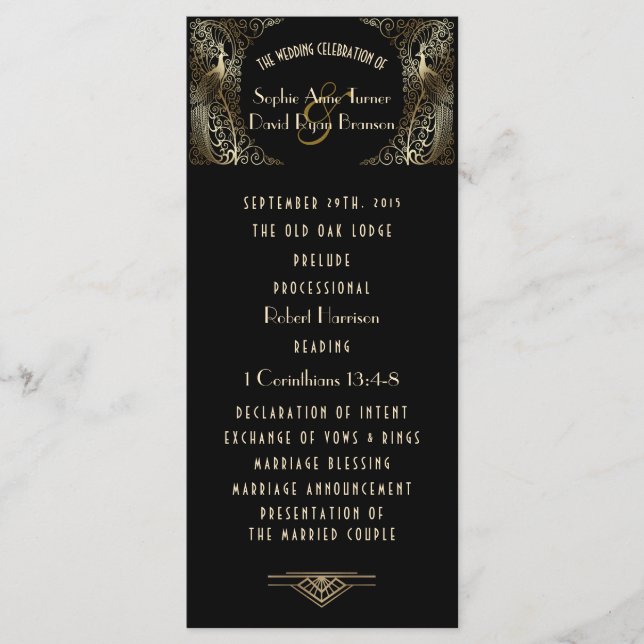 Charming Gold Art Deco Peacocks Wedding Program (Front)