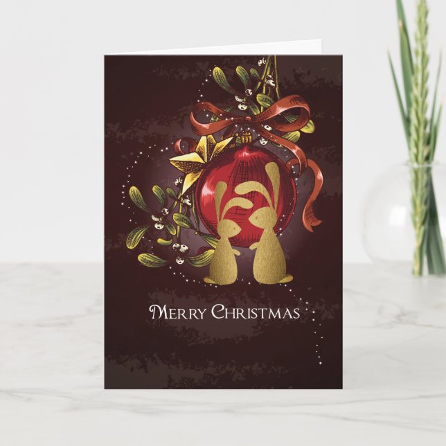 Charming Gold Bunnies n' Mistletoe Merry Christmas Holiday Card (Front)