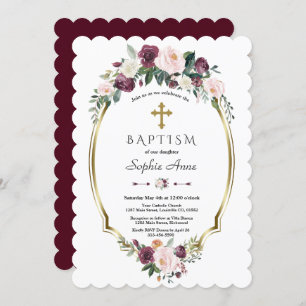 Charming Gold Burgundy Blush Floral Baptism Invitation