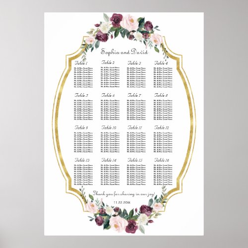 Charming Gold Burgundy Blush Floral Seating Chart