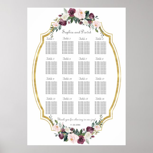 Charming Gold Burgundy Blush Floral Seating Chart (Front)