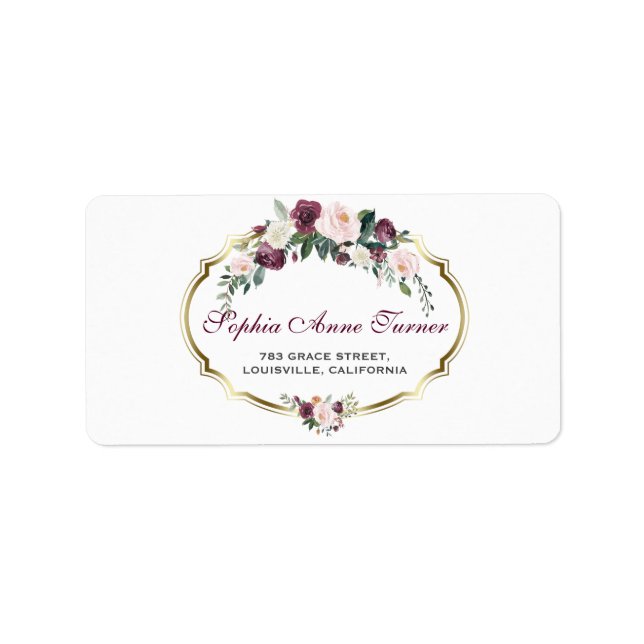 Charming Gold Burgundy Blush Floral Wedding Label (Front)