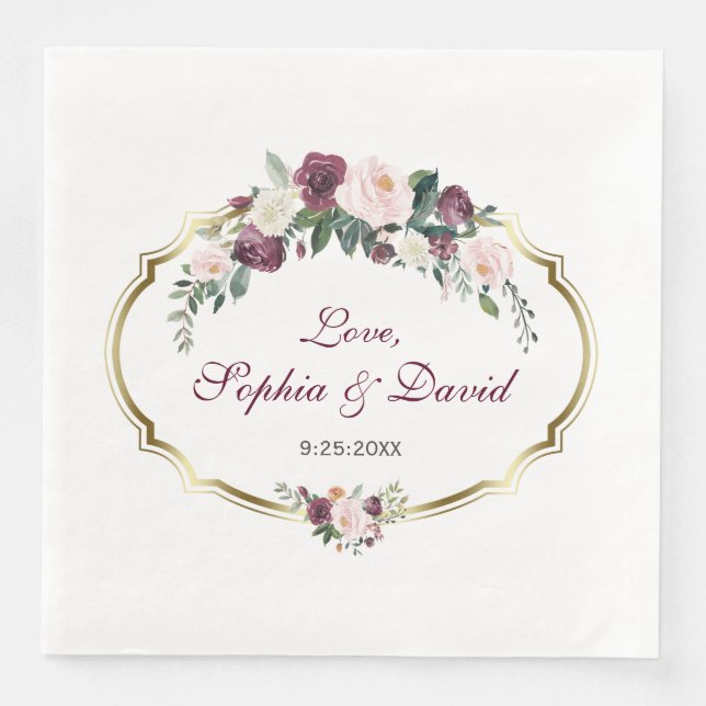 Charming Gold Burgundy Blush Floral Wedding Paper Dinner Napkins (Front)