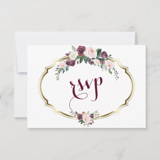 Charming Gold Burgundy Blush Floral Wedding RSVP (Front)