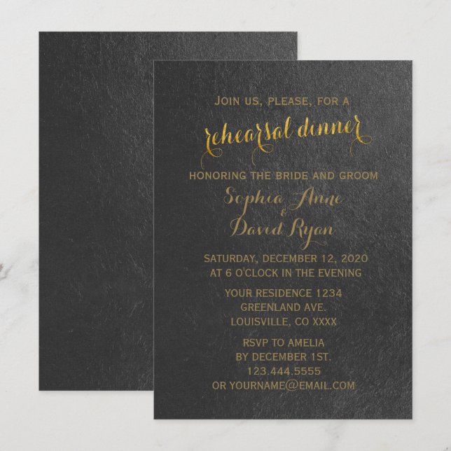Charming Gold Foil Black Wedding Rehearsal Dinner Invitation (Front/Back)