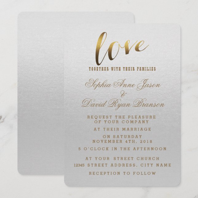 Charming Gold Foil Grunge Grey Wedding Invitation (Front/Back)